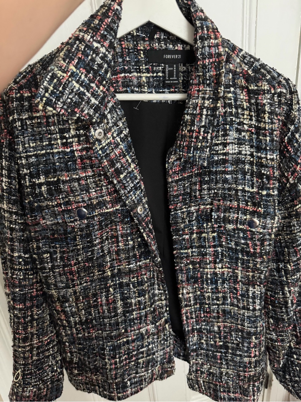 Forever 21 Women's Multicolor Tweed Blazer Jacket - Black, Blue, Pink